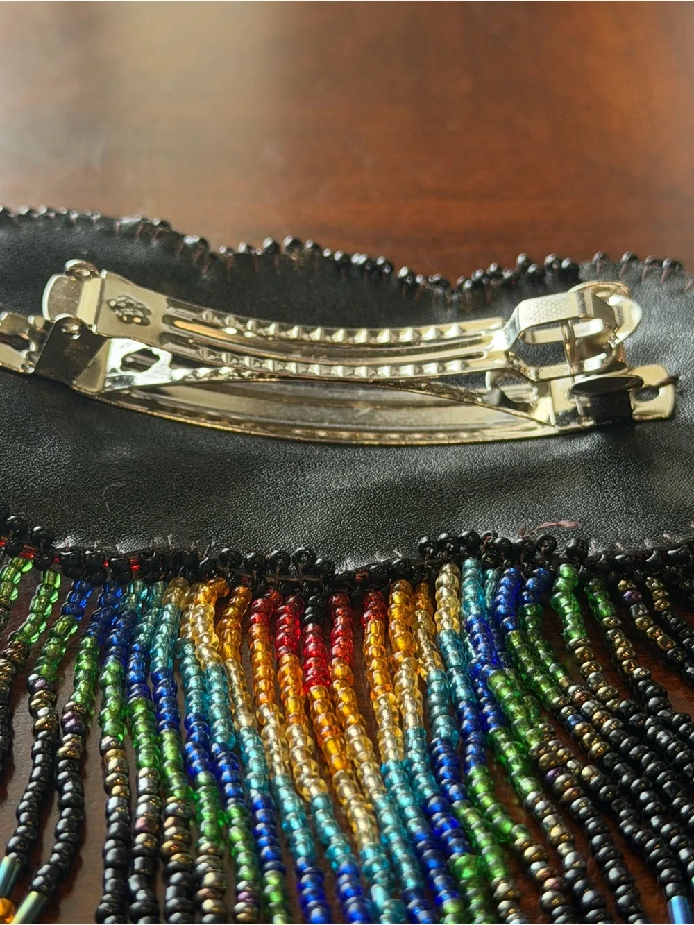 Native American Leather Beaded Star Barrette Hair Clip w/ Fringe Dangles
